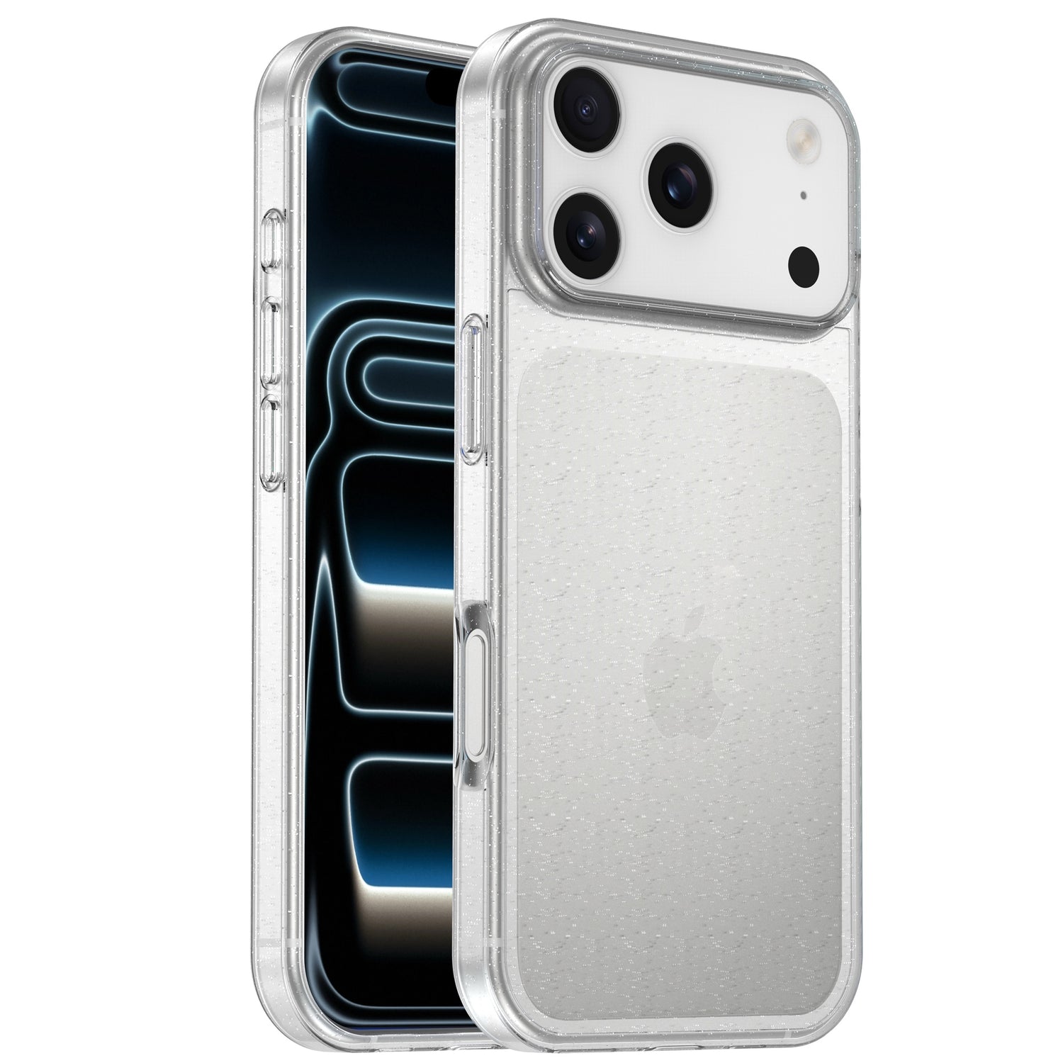 Das arktis iPhone 17 Pro Glitter Case ist eine durchsichtige TPU-Silikonhülle mit dezentem Glitzerdesign, hier abgebildet auf einem silbernen iPhone 17 Pro mit drei rückseitigen Kameras. Sie verleiht Stil und Schutz und unterstreicht gleichzeitig den ursprünglichen Look deines Telefons.
