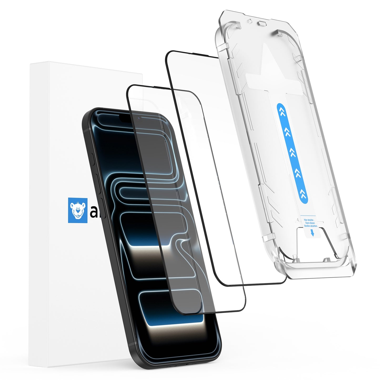 Explosionszeichnung eines iPhone 17 Pro Max mit einer Hülle und arktis Displayschutzfolie - staubfrei, blasenfrei, Anti-Fingerabdruck - neben einer weißen Verpackungsbox.