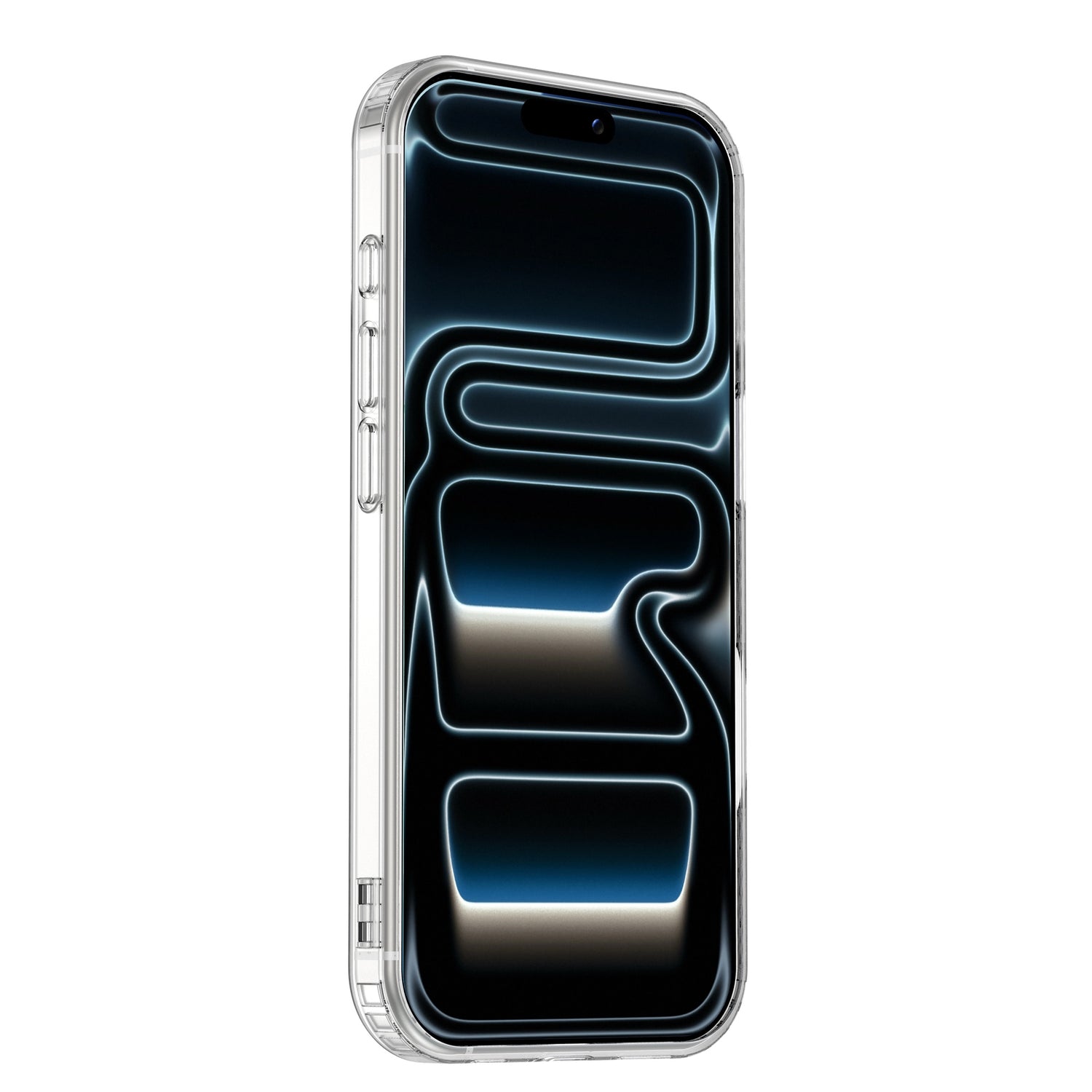 Ein arktis iPhone 17 Pro Max PureCase mit MagSafe von arktis, das ein transparentes Gehäuse mit einem leuchtenden abstrakten blauen und schwarzen Hintergrundbild auf dem Bildschirm zeigt.