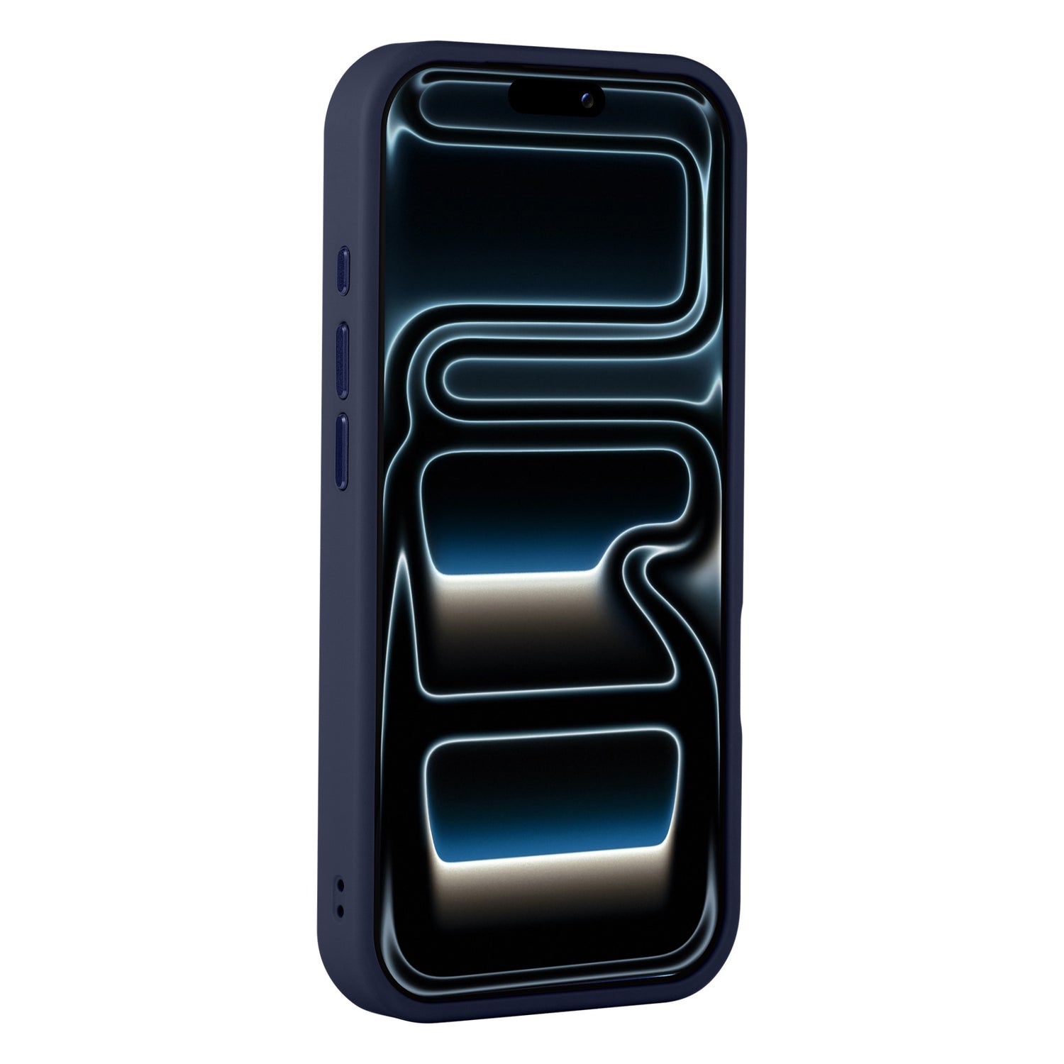 Das Arktis iPhone 17 Pro Solid Case von Arktis hat ein mattes, dunkelblaues Finish und zeigt ein iPhone mit einem leuchtenden, abstrakten Muster auf dem Bildschirm.