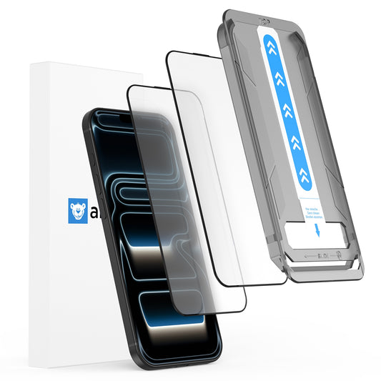 Das arktis iPhone 17 Pro Max MATT Displayschutzfolie Kit enthält eine matte Displayschutzfolie, einen Montagerahmen und eine Verpackung, die für eine staub- und blasenfreie Anbringung konzipiert ist.