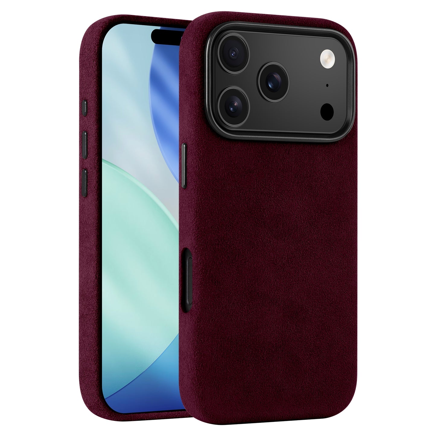Eine arktis iPhone 17 Pro Hülle aus Alcantara in kastanienbraun, die sowohl das Display auf der Vorderseite als auch die dreifache Kamera auf der Rückseite hervorhebt.