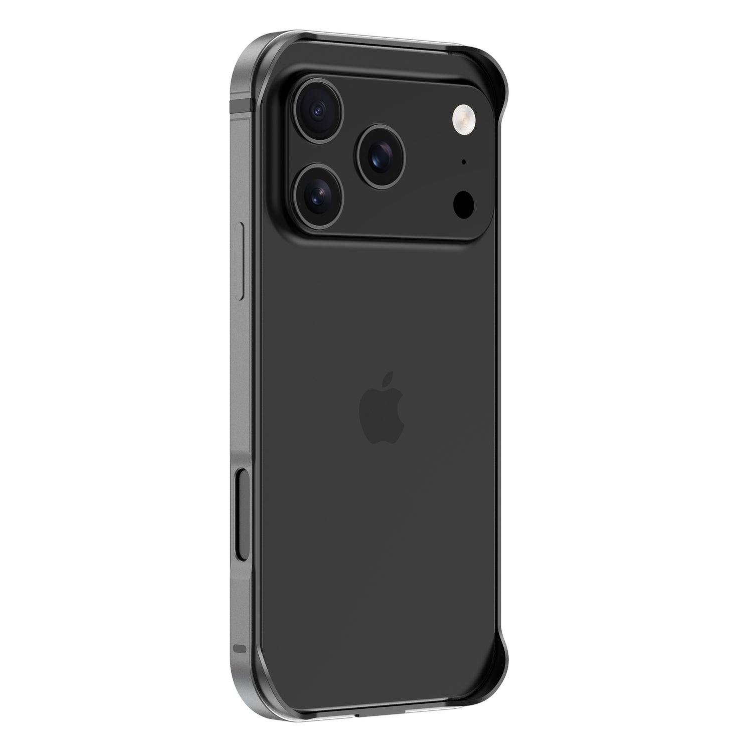 Der arktis iPhone 17 Pro Max Bumper von arktis ist eine ultraleichte Aluminium-TPU-Silikonhülle, die auf einem schwarzen iPhone 17 Pro Max mit drei rückwärtigen Kameras abgebildet ist.