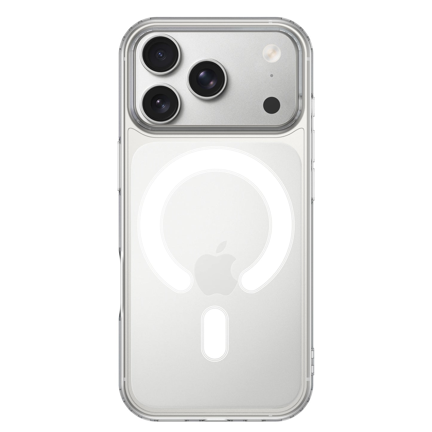 Die arktis iPhone 17 Pro Max PureCase mit MagSafe ist eine transparente Hülle, die Kameraobjektive und den MagSafe-Ring auf deinem weißen iPhone sichtbar lässt - stylischer Schutz von arktis.