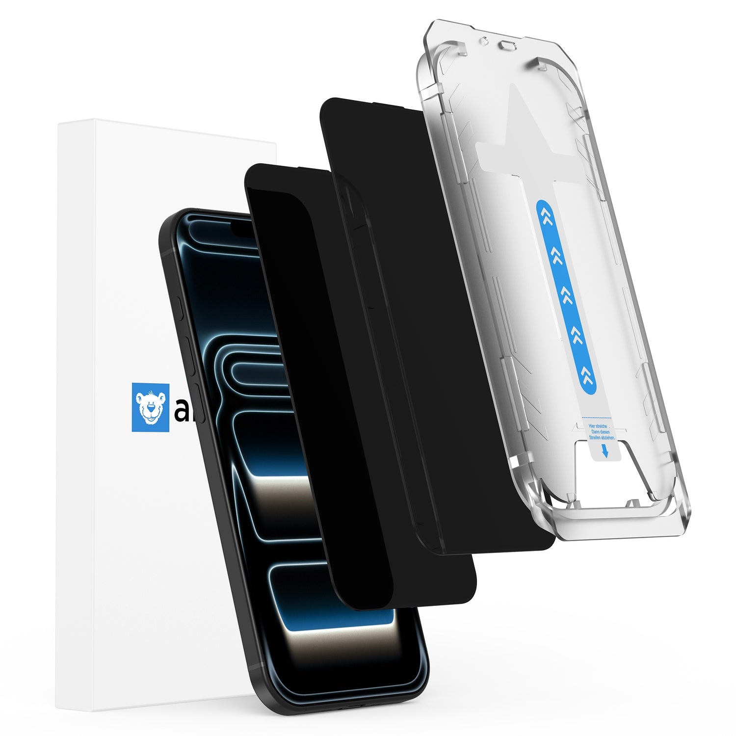 Explosionszeichnung der arktis iPhone 17 Pro Max PRIVACY Displayschutzfolie - Staubfrei ohne Blasen mit gehärtetem Glas, Sichtschutzfolie und Verpackungskarton, dargestellt neben einem Smartphone.