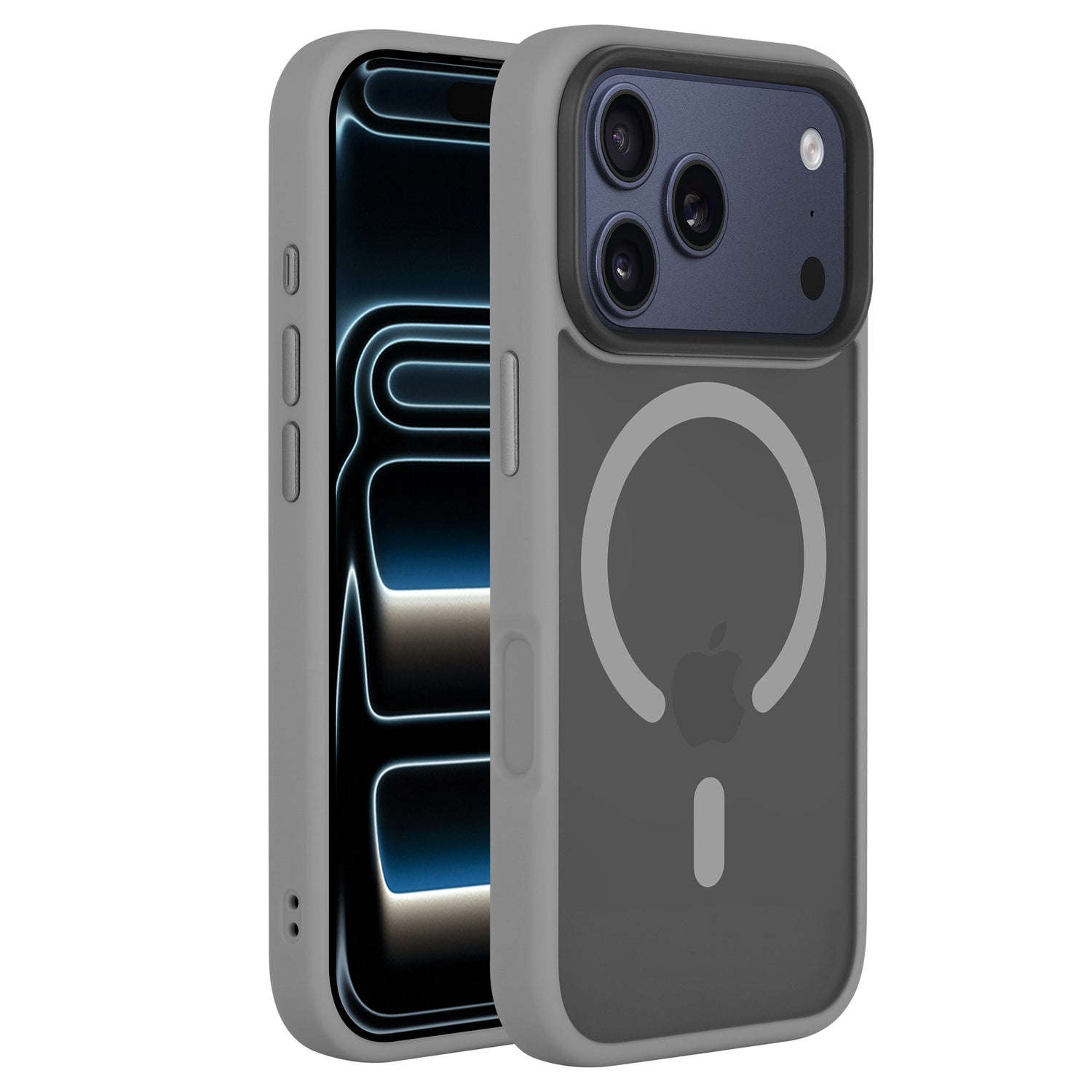 Zwei graue iPhones in matten Arktis Solid Cases mit MagSafe - eines zeigt das Display, das andere die Rückseite mit sichtbarem MagSafe-Kreis. Perfekt als Arktis iPhone 17 Pro Max Solid Case für stilvollen Schutz und Funktionalität.