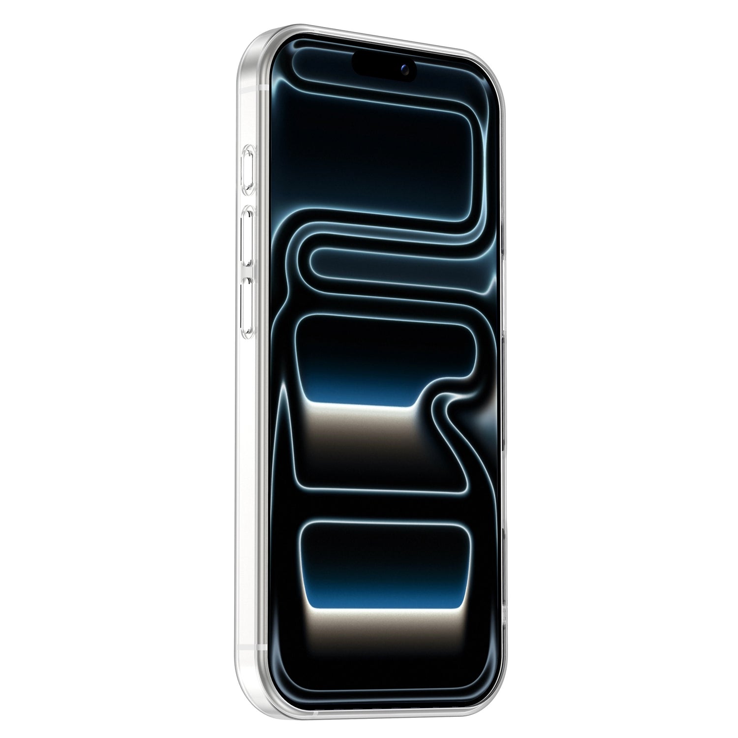 Ein silbernes Smartphone von links mit einem dunklen Bildschirm aus blau leuchtenden Linien, geschützt durch das ultradünne, transparente arktis iPhone 17 Pro ZERO Case von arktis.