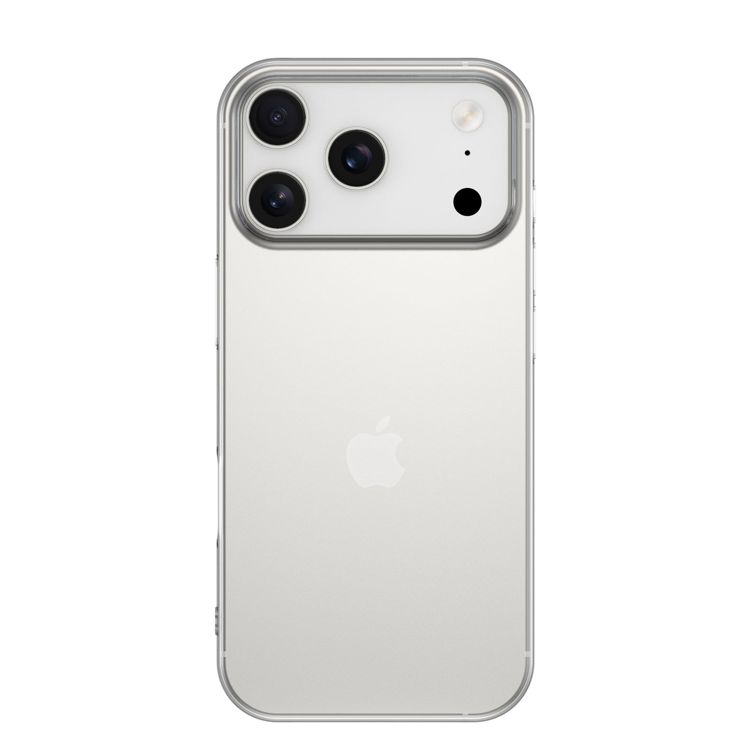Das silberne iPhone 17 Pro mit drei rückwärtigen Kameras und Apple-Logo ist auf weißem Hintergrund abgebildet, geschützt durch das ultradünne, transparente arktis iPhone 17 Pro ZERO Case, das sein schlankes Design zur Geltung bringt.