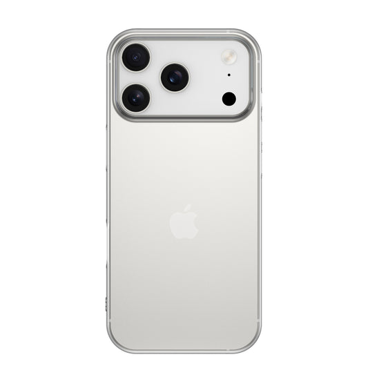 Ein silbernes iPhone 17 Pro Max mit drei rückwärtigen Kameras und einem zentralen Apple-Logo, geschützt durch das arktis iPhone 17 Pro Max ZERO Case, eine ultradünne transparente Hülle von arktis.