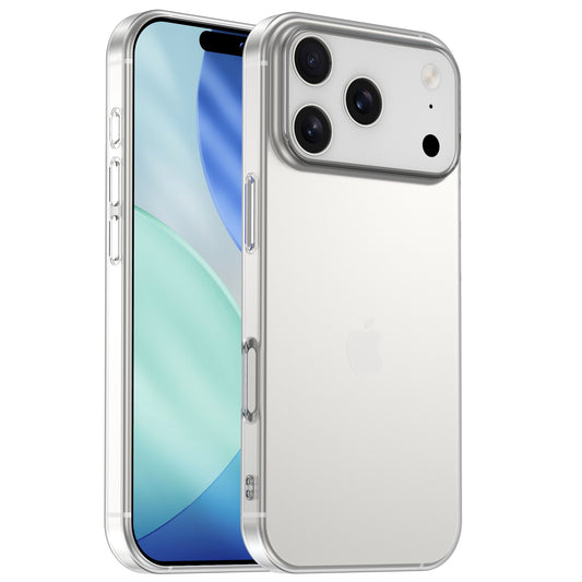Silbernes iPhone 17 Pro Max mit dreifacher Kamera auf der Rückseite, dargestellt im arktis iPhone 17 Pro Max ZERO Case - einer transparenten, ultradünnen Hülle von arktis - in der Vorder- und Rückansicht.