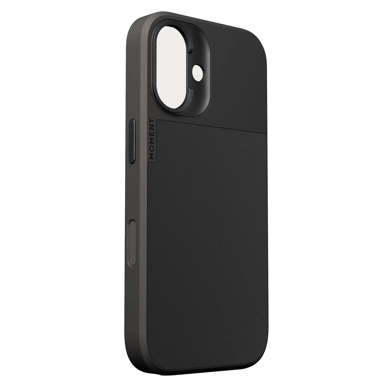 Die MOMENT iPhone 17 Kameratasche MagSafe in Schwarz verfügt über einen Kameraausschnitt, eine strukturierte untere Hälfte und einen gebrandeten Seitenknopf, der für die nahtlose Verwendung mit Moment MagSafe Zubehör entwickelt wurde.