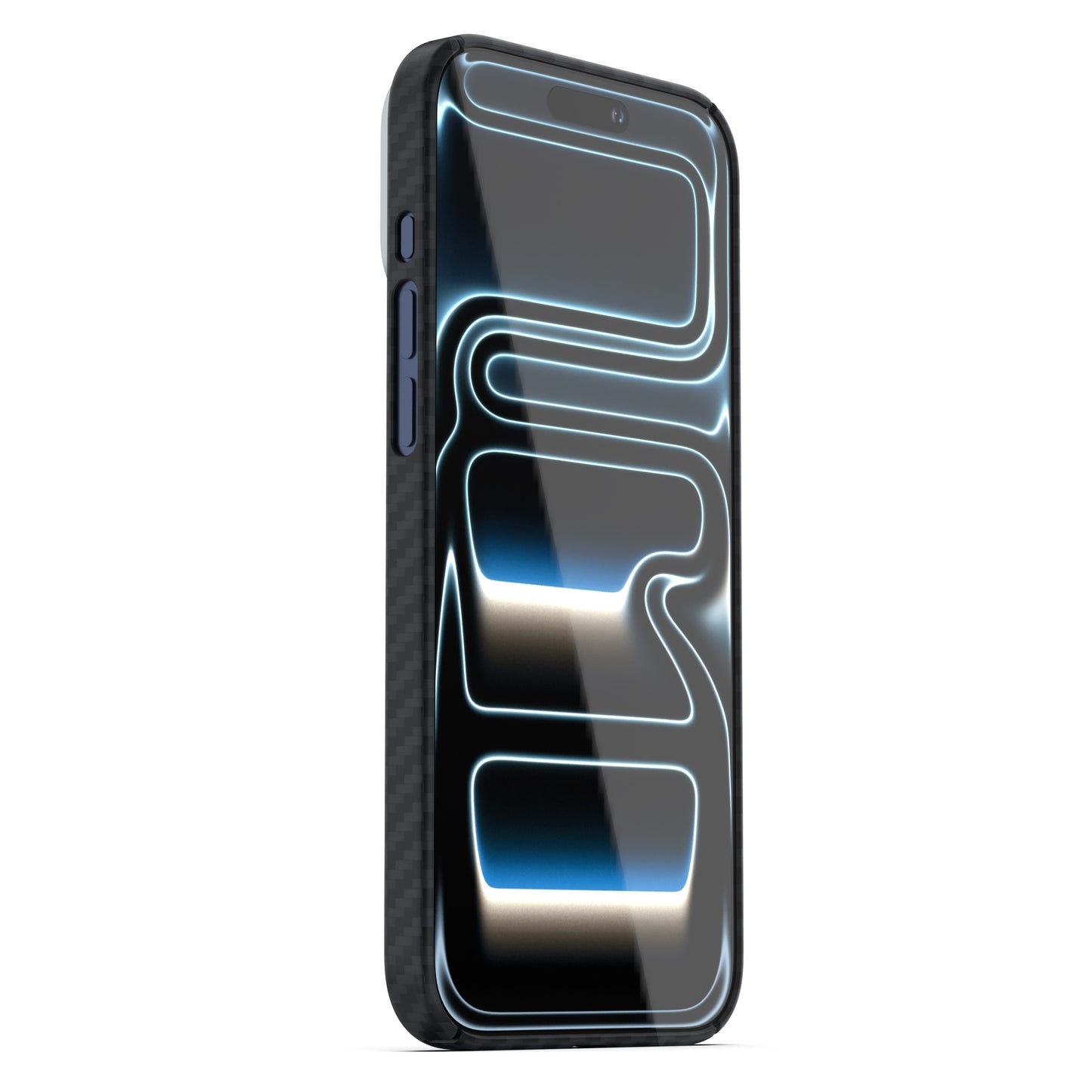 Ein Smartphone mit einem blau leuchtenden, abstrakten Muster ist schräg abgebildet, geschützt durch das arktis iPhone 17 Pro Max Carbon Case, eine elegante MagSafe-kompatible Hülle von arktis.