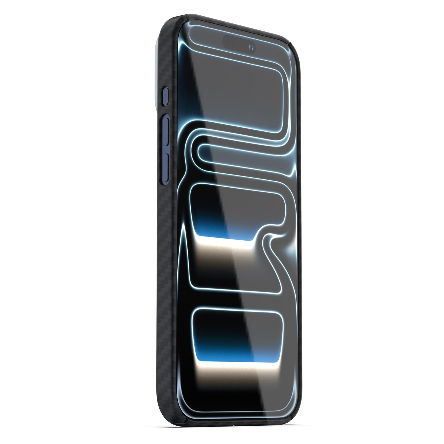 Ein Smartphone mit einem blau leuchtenden, abstrakten Muster ist schräg abgebildet, geschützt durch das arktis iPhone 17 Pro Max Carbon Case, eine elegante MagSafe-kompatible Hülle von arktis.