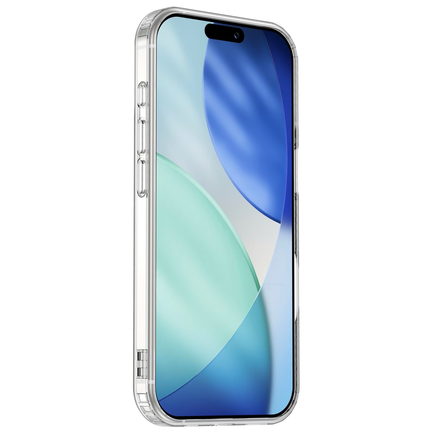 Das arktis iPhone 17 Pro Max PureCase mit MagSafe von arktis wird aufrecht mit einer transparenten Hülle gezeigt, die ein blaues und grünes abstraktes Hintergrundbild zeigt.
