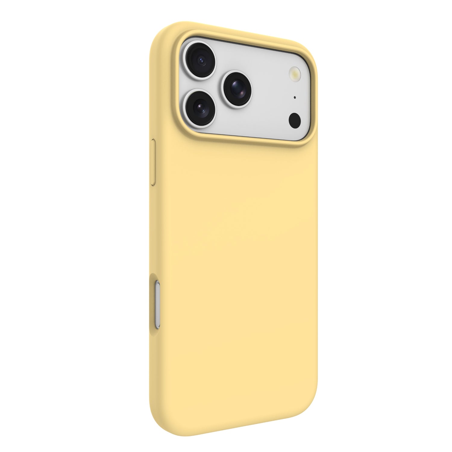 Die arktis iPhone 18 Pro Silikonhülle mit MagSafe in Zitronengelb, die über eine Kameraaussparung für drei Objektive verfügt, wird vor einem weißen Hintergrund gezeigt.