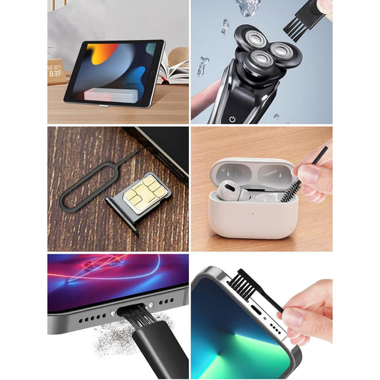 Eine Collage aus sechs Bildern zeigt das arktis 18-in-1 Reinigungskit, ideal zum Reinigen kleiner Geräte wie Tablets, Elektrorasierer, SIM-Kartenhalter, Ohrhörer, Telefonladeanschlüsse und Lautsprecher – perfekt für iPhone und Apple-Geräte.
