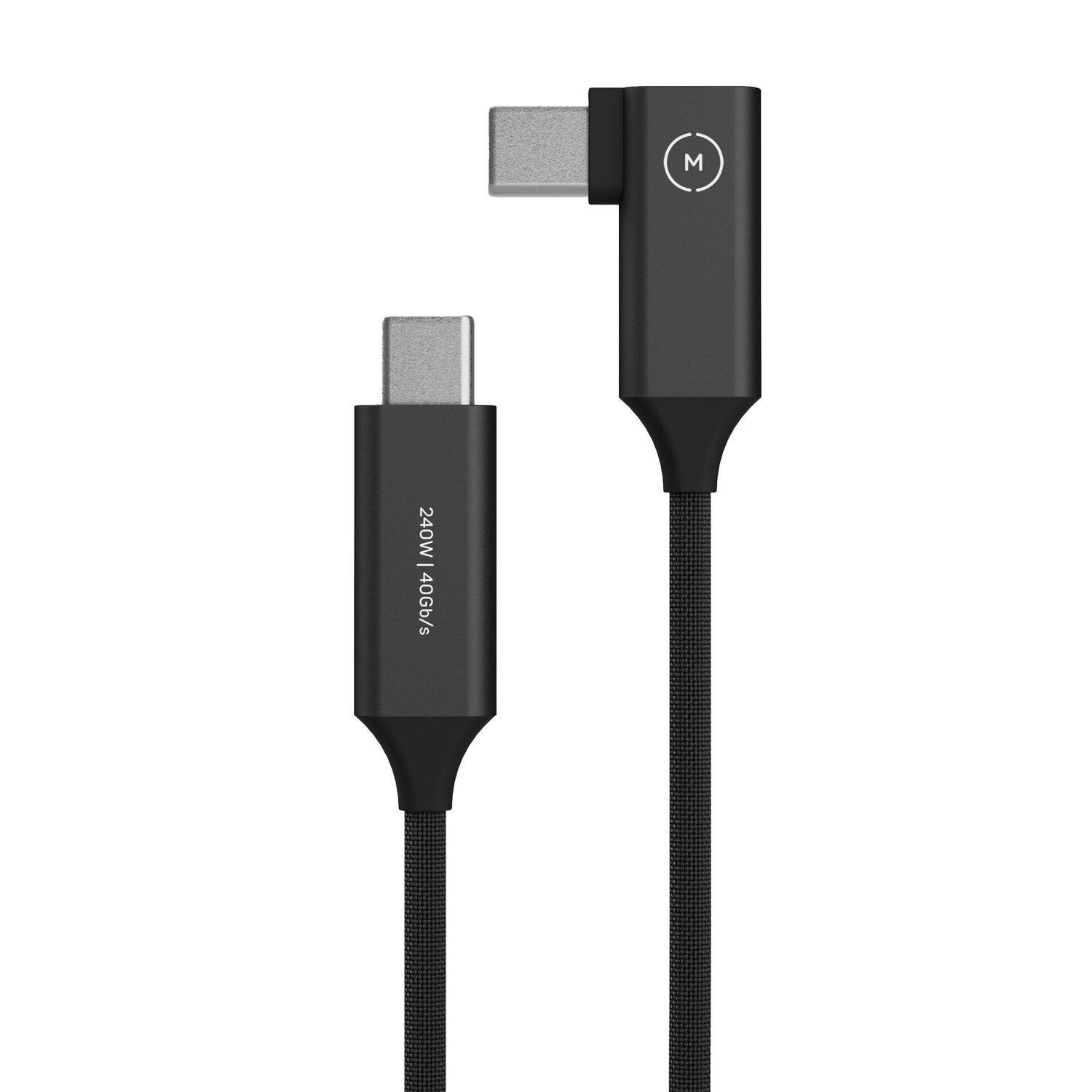 Zwei MOMENT Superflex Right-Angle USB-C auf USB-C Kabel (23 cm) aus geflochtenem Nylon, eines mit 90-Grad-Winkelstecker und eines mit geradem Anschluss, liegen auf weißem Hintergrund.