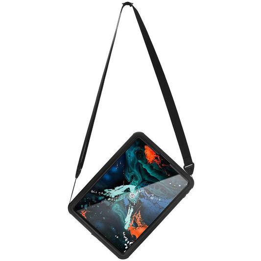 Das arktis Wasserdichte iPad Pro 11" (2024/2025) Case von arktis, mit IP68 Schutz und Schultergurt, ist schräg hängend abgebildet und schützt Ihr iPad zuverlässig vor Wasser und Stößen.
