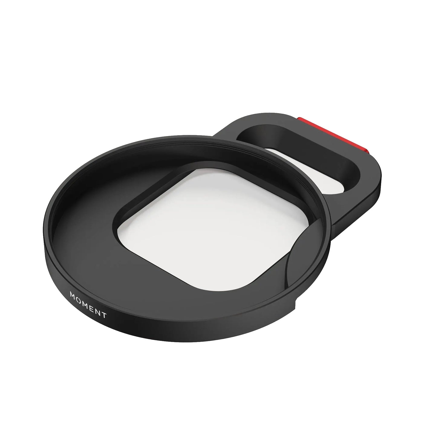 Der MOMENT 67mm QuickLock Filter Mount für iPhone 17 Pro ist ein schwarzer, rechteckiger Telefonobjektivadapter mit einem runden Rand, der auf einem weißen Hintergrund abgebildet ist.