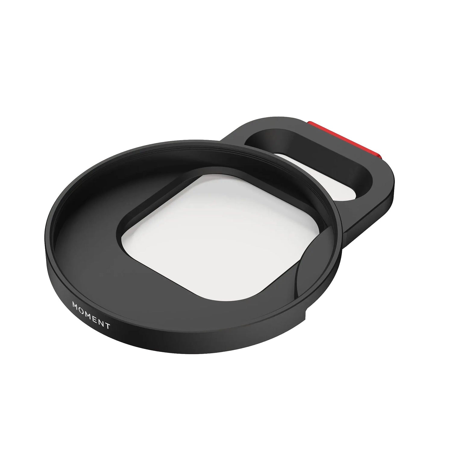 Der MOMENT 67mm QuickLock Filter Mount für iPhone 17 Pro ist ein schwarzer, rechteckiger Telefonobjektivadapter mit einem runden Rand, der auf einem weißen Hintergrund abgebildet ist.