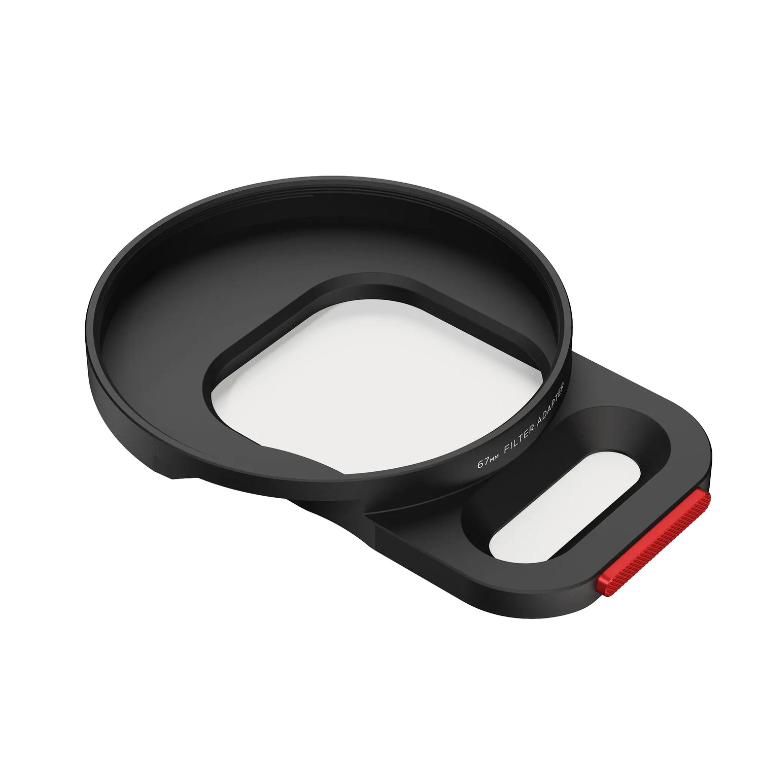 Der MOMENT 67mm QuickLock Filter Mount für iPhone 17 Pro ist ein schwarzer, kreisförmiger Kameraobjektivadapter mit rotem Schiebedetail und rechteckigem Ausschnitt, der mit Moment Hülle-Hüllen kompatibel ist.