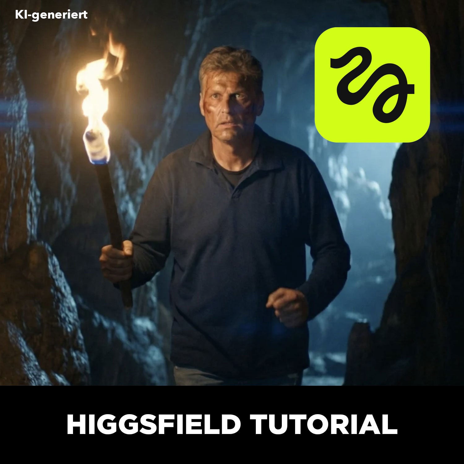 Ein Mann hält eine Fackel in einer Höhle; auf dem Bild sind der Text "Wolffilms AI Academy", das grüne Wolffilms-Logo und "KI Tools für deinen Online Kurs" zu sehen.