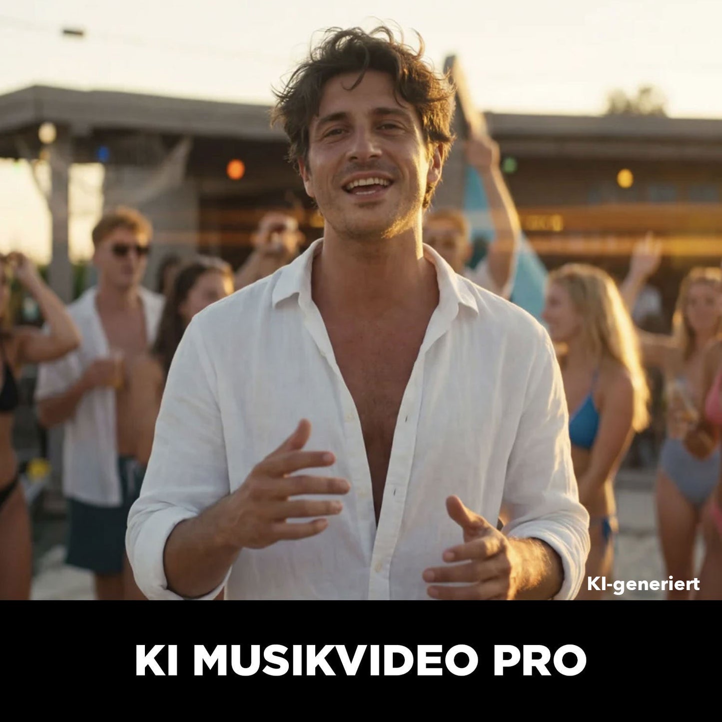 Ein Mann in einem weißen Hemd lächelt auf einer Party, auf der hinter ihm Menschen tanzen. Text: Wolffilms AI Academy - Lerne, wie du mit Wolffilms und KI-Tools schnell ein beeindruckendes AI Video erstellen kannst!.