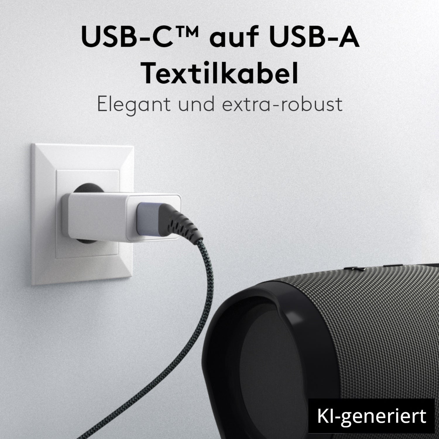 Das Goobay USB-C auf USB-C Textilkabel mit Metallsteckern verbindet Ladegerät und Lautsprecher, unterstützt Schnellladen und ermöglicht schnelle Datenübertragung. KI-generiert.