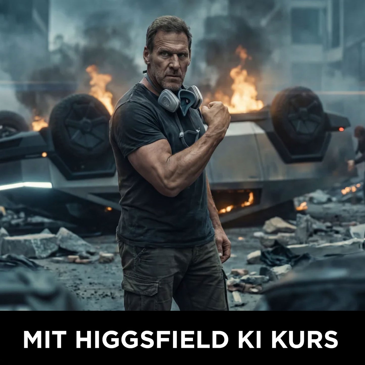 Ein muskulöser Mann steht selbstbewusst vor brennenden Autos und Trümmern, darunter die "Wolffilms Academy" von Rainer Wolf - ideal für alle, die professionelle Videos erstellen oder einen Online-Filmkurs mit KI belegen.