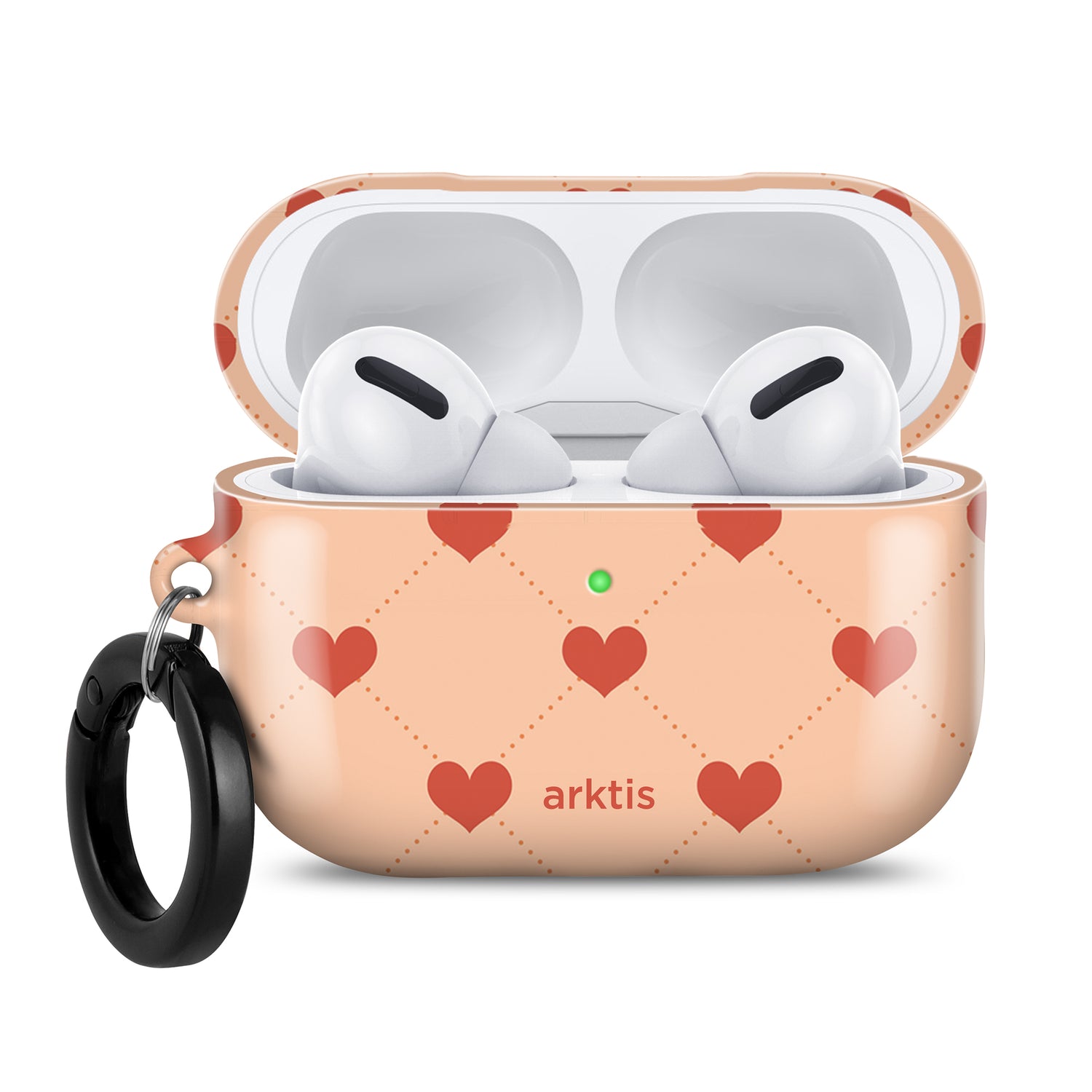 Die arktis AirPods Pro 3-Hülle – Love, in zartem Pfirsichfarbton mit rotem Herzmuster und schwarzem Schlüsselring, ist kabellos aufladbar.