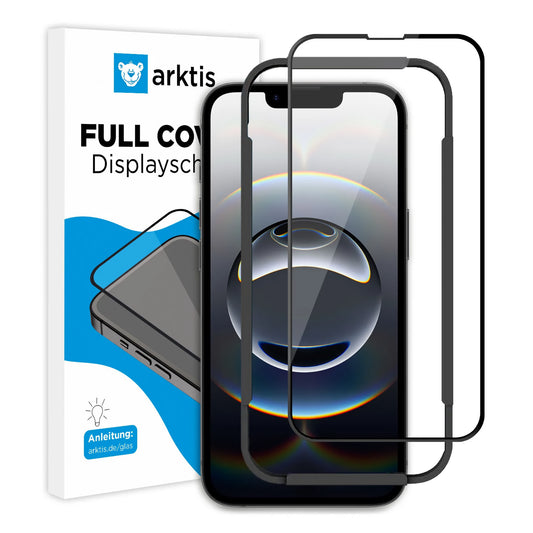 Ein iPhone mit arktis iPhone 16e Displayschutz GLAS – hüllenfreundlich, Displayschutzfolie und Ausrichtungsrahmen vorne. Die Box links zeigt die Marke arktis und Features wie kratzfest und oleophobische Schicht.