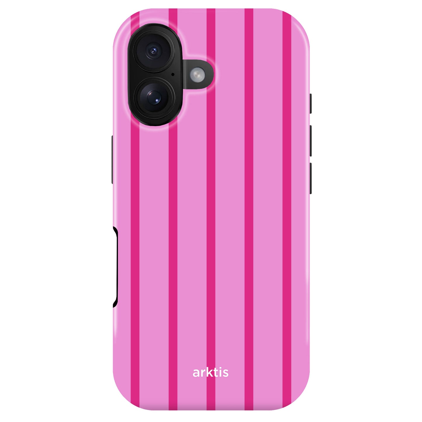 Arktis iPhone 17 Hülle - Lady Stripes: Pinke Schutzhülle mit vertikalen dunkelrosa Streifen, stoßabsorbierendem TPU-Silikon und MagSafe Kompatibilität. Dezentes arktis Logo am unteren Rand.
