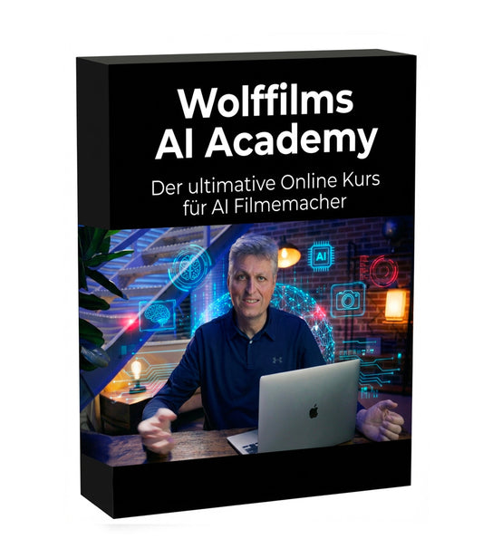 Eine KI-Akademie-Kursbox von Wolffilms zeigt einen Mann an einem Schreibtisch, Techniksymbole im Hintergrund und den Slogan "Professionelle Videoerstellung mit KI Tools" für angehende KI-Filmemacher.