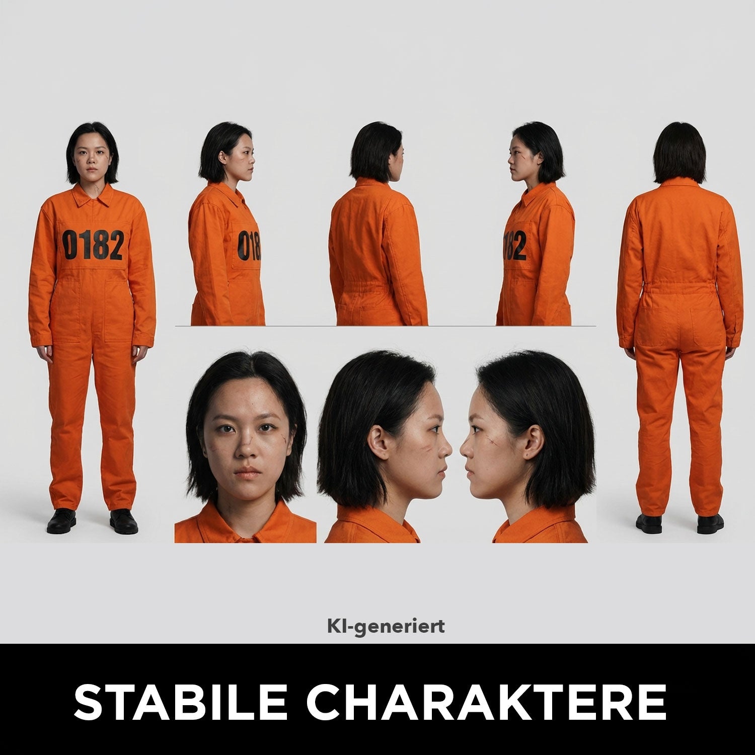 Eine Frau in einem orangefarbenen Gefängnisoverall posiert vor einem schlichten Hintergrund, der Vielseitigkeit symbolisiert. Der Text lautet 