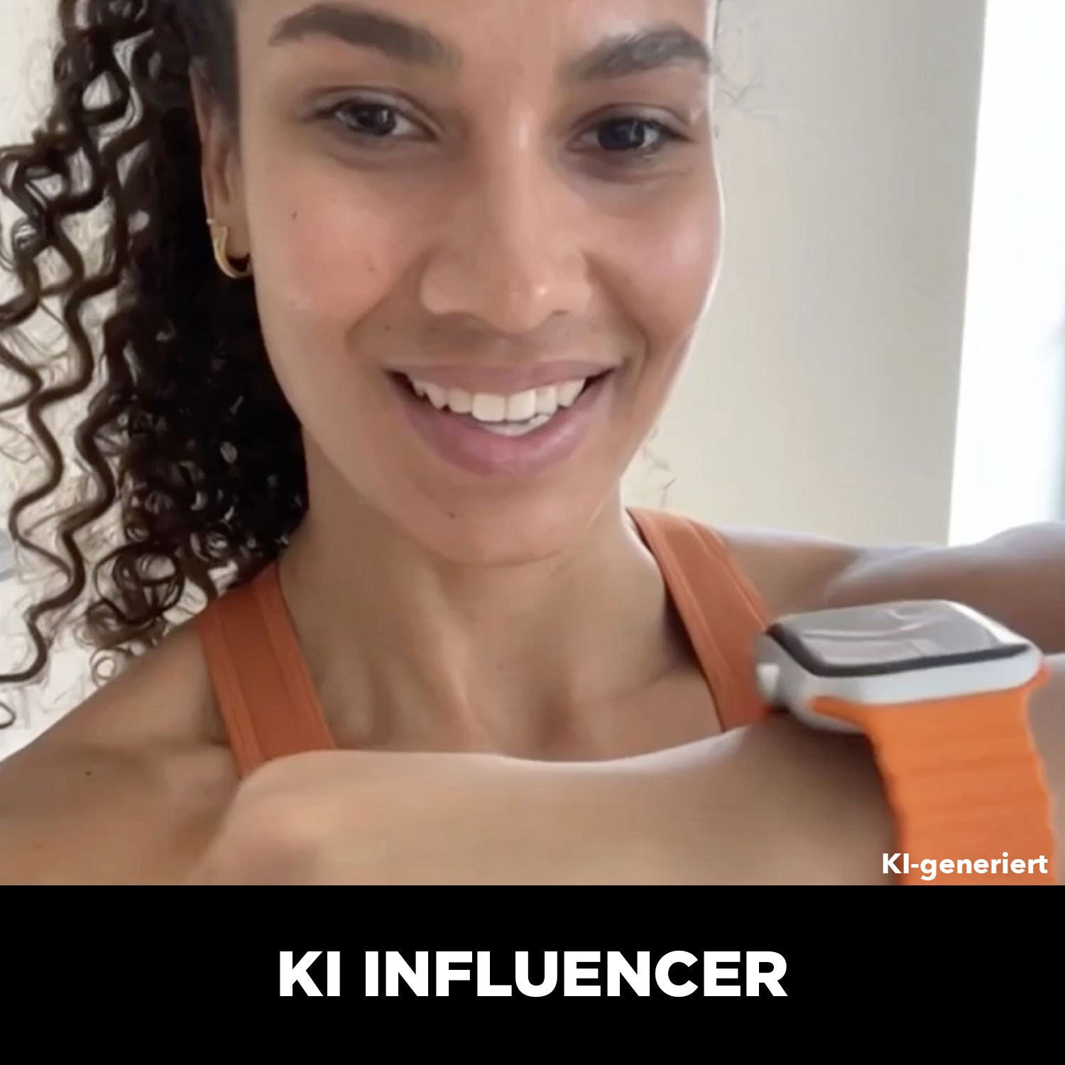 Lächelnde Frau in orangefarbenem Oberteil zeigt ihre Smartwatch; Text: Wolffilms INFLUENCER und KI-generiert - entdecken Sie, wie Sie mit den Tools der Wolffilms AI Academy KI-Videos erstellen.