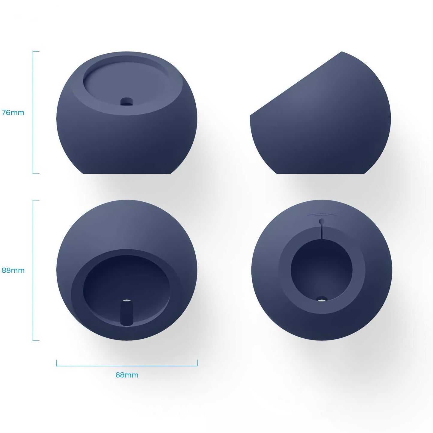 Vier Ansichten des blauen, runden arktis MagSafe Orbit Stand mit Ausschnitten, die seine 88mm Breite und 76mm/88mm Höhe zeigen - ideal als kabelloser Ladegerät Halter für MagSafe Geräte.
