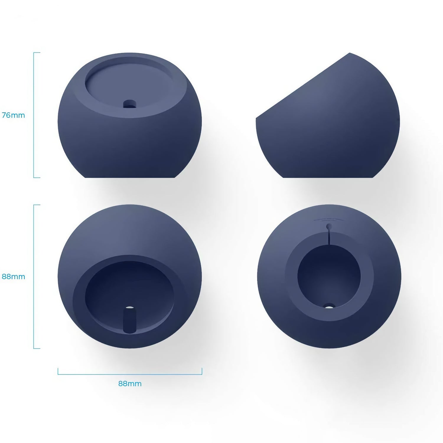 Vier Ansichten des blauen, runden arktis MagSafe Orbit Stand mit Ausschnitten, die seine 88mm Breite und 76mm/88mm Höhe zeigen - ideal als kabelloser Ladegerät Halter für MagSafe Geräte.