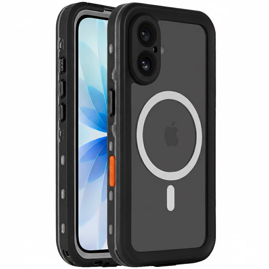 Das arktis iPhone 17 Wasserdichtes Actioncase von arktis ist ein schwarzes, robustes, stoßfestes Gehäuse mit MagSafe Ring, Displayausschnitt auf der Vorderseite und Kameraausschnitt auf der Rückseite. Es bietet IP68-Schutz für zuverlässige Wasserdichtigkeit.