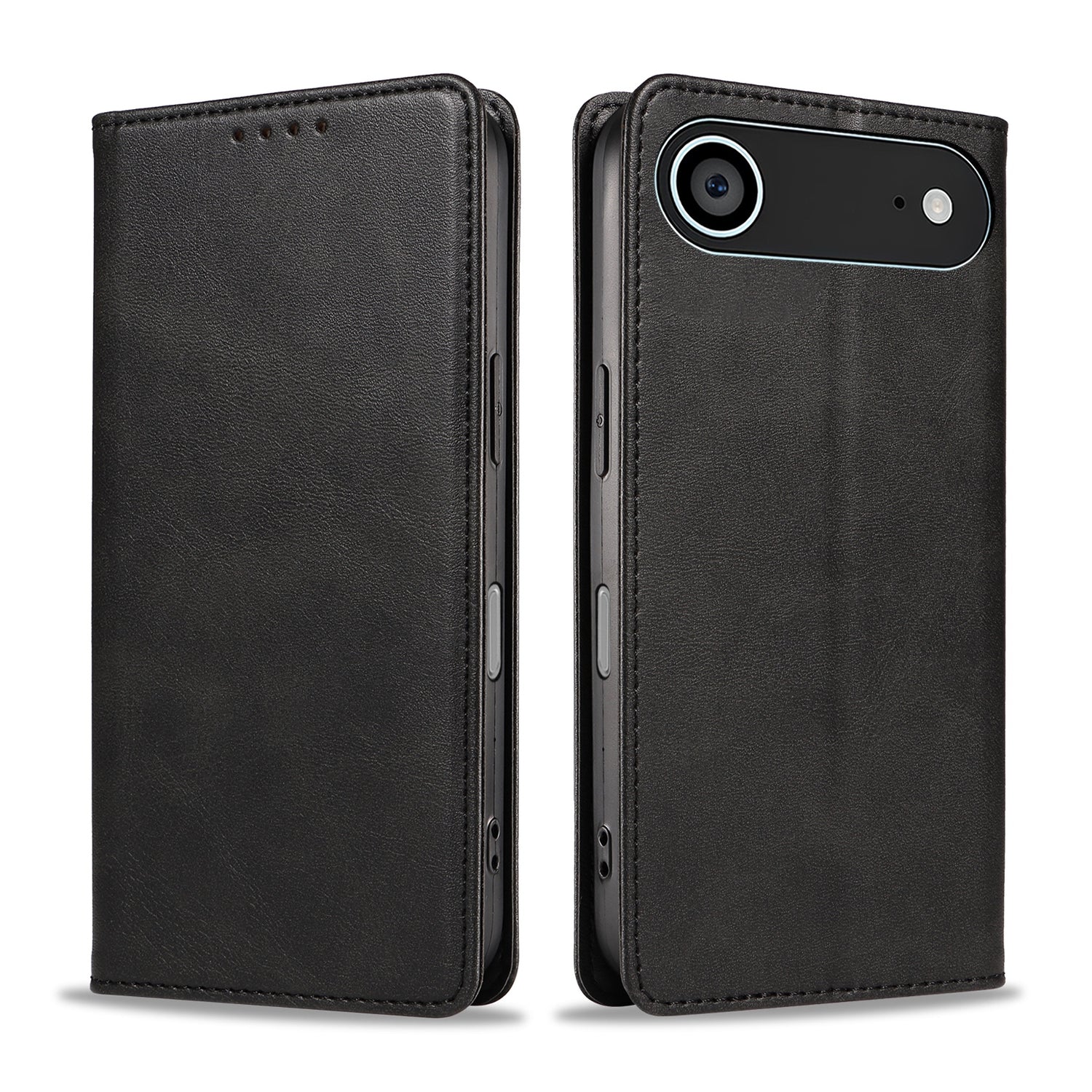 Zwei Ansichten des arktis iPhone 17 Air Book Case von arktis in schwarzem Kunstleder mit TPU-Silikonkanten, geschlossen dargestellt, um sowohl die Vorder- als auch die Rückseite zu zeigen.