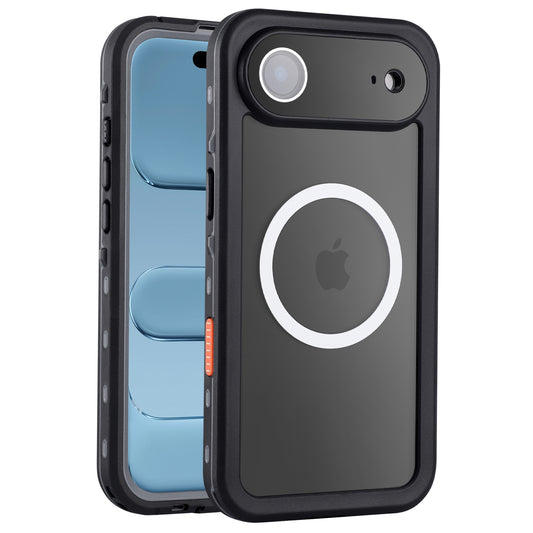 Das arktis iPhone Air Wasserdichtes Actioncase von arktis in schwarz, abgebildet mit MagSafe Ring auf einem blauen iPhone, zeigt sowohl die Vorder- als auch die Rückansicht.