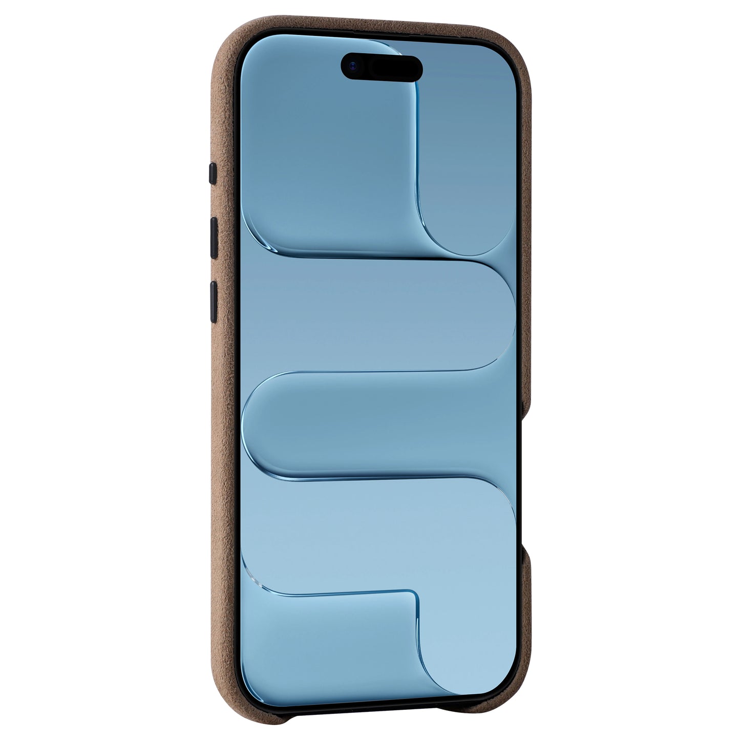 Die arktis iPhone Air Hülle aus Alcantara von arktis wird in braun, MagSafe kompatibel, mit einem blauen abstrakten Design auf dem Bildschirm und schräg präsentiert.