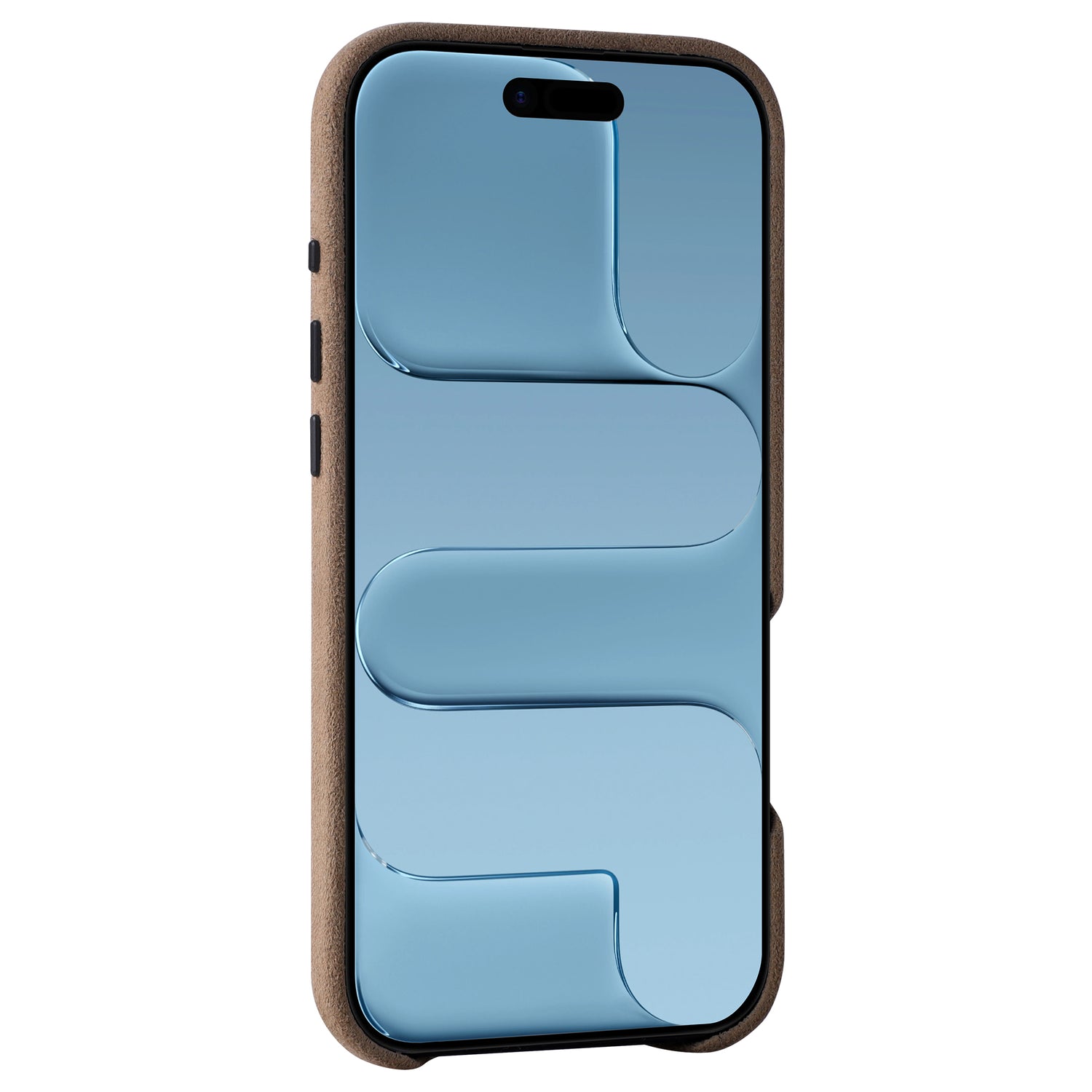 Die arktis iPhone Air Hülle aus Alcantara von arktis wird in braun, MagSafe kompatibel, mit einem blauen abstrakten Design auf dem Bildschirm und schräg präsentiert.