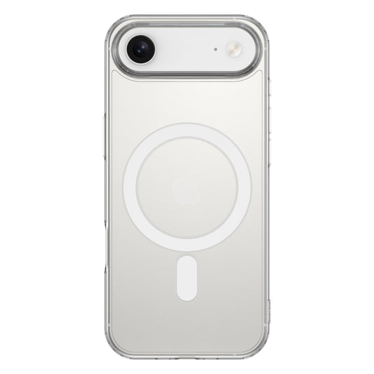 Ein weißes iPhone mit dem arktis iPhone Air PureCase mit MagSafe - eine stoßfeste, MagSafe-kompatible Hülle in klarem Design, die das Apple Logo und den MagSafe Kreis sichtbar lässt.