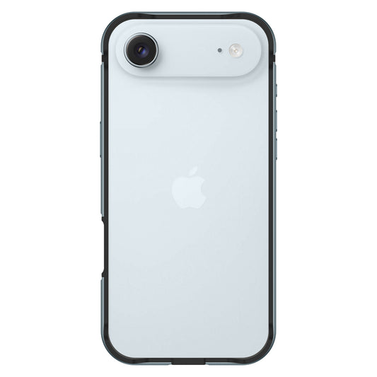 Ein weißes iPhone mit dem arktis iPhone Air Bumper von arktis, der aus einer Aluminium-TPU-Hülle besteht. Die Rückseite zeigt das Apple-Logo und die Kamera - perfekt für kabelloses Laden.