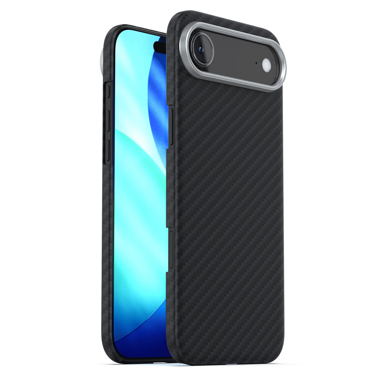 Das arktis iPhone Air Carbon Case von arktis, abgebildet in der Vorder- und Rückansicht, verfügt über eine schwarze Karbonfasertextur und ist MagSafe kompatibel.