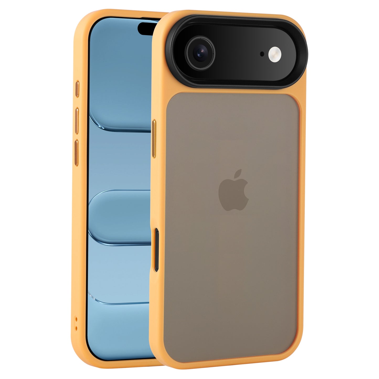 Die Arktis arktis iPhone Air Solid Case in Gelb aus mattem Polycarbonat und stoßabsorbierendem TPU-Silikon zeigt auf einer blauen iPhone Vorder- und Rückseite mit Apple Logo und Kameraausschnitt.