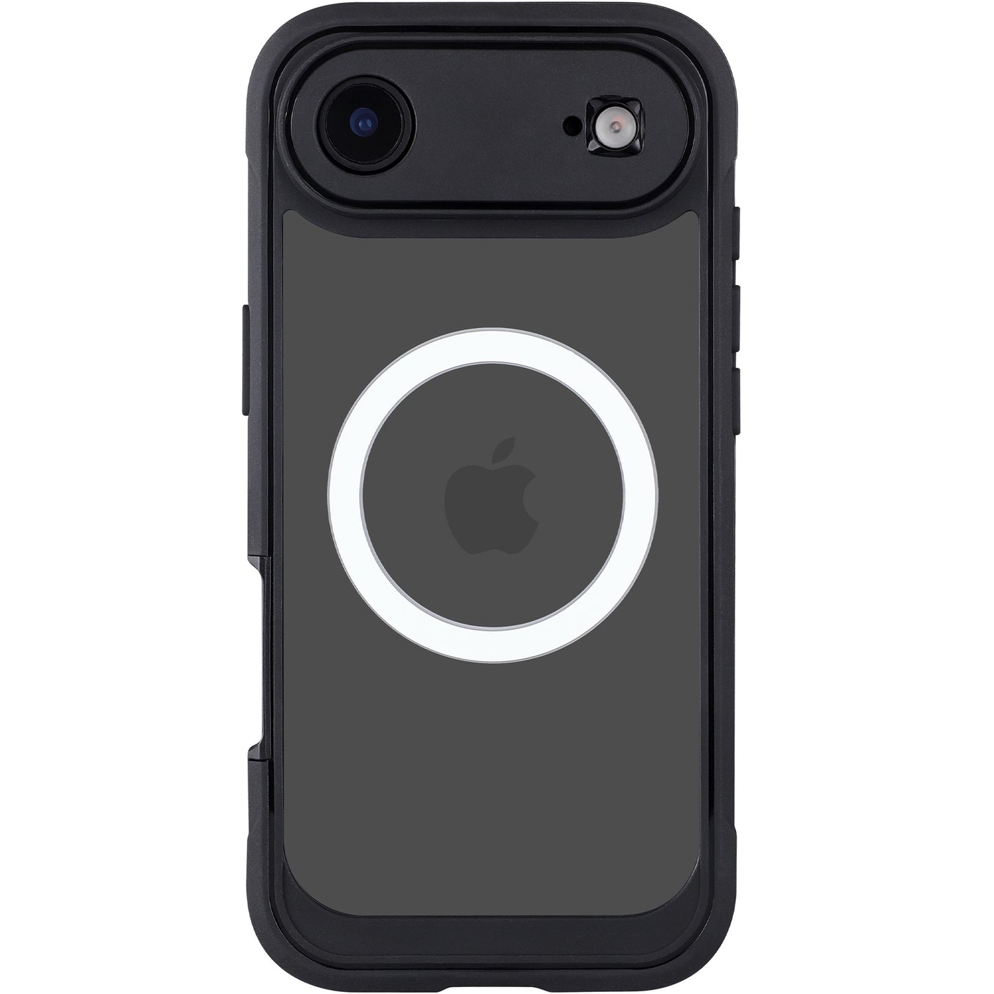 Ein schwarzes iPhone in einem arktis iPhone Air Defender Case mit rundem MagSafe Ring und sichtbarem Apple Logo auf der Rückseite, von arktis, bietet robusten 360-Grad-Schutz.