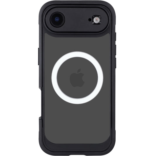 Ein schwarzes iPhone in einem arktis iPhone Air Defender Case mit rundem MagSafe Ring und sichtbarem Apple Logo auf der Rückseite, von arktis, bietet robusten 360-Grad-Schutz.