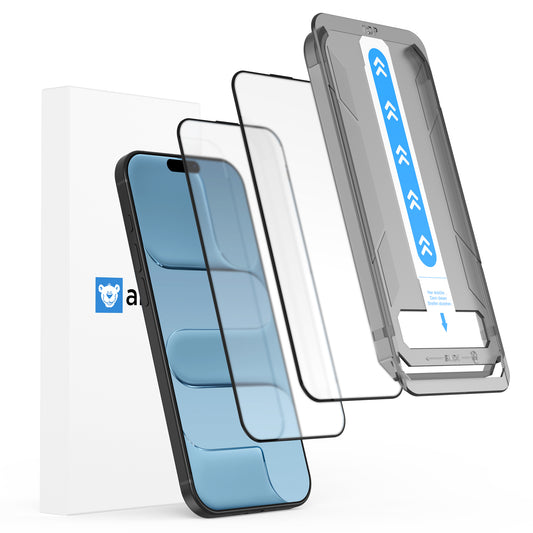 Ein arktis iPhone Air MATT Displayschutzfolie - Staubfrei ohne Blasen (von arktis) mit mattem Hartglas, Montageplatte und Verpackung daneben.