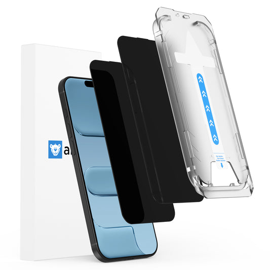 Explosionszeichnung eines Smartphones mit der arktis iPhone Air PRIVACY Displayschutzfolie - Staubfrei ohne Blasen, einer arktis Sichtschutzfolie, Klarsichthülle und Produktverpackung.
